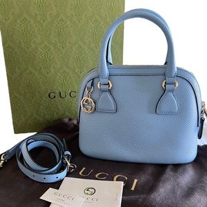 Authentic Gucci Top Handle Dome Blue Leather Shoulder Bag